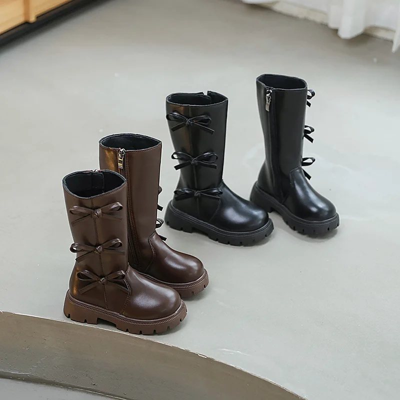 JGSHOWKITO Girls High Boots Autumn Winter Sweet Bow Princess Fashion Children Platform Boots Catwalk Non-slip Kids Long Boots