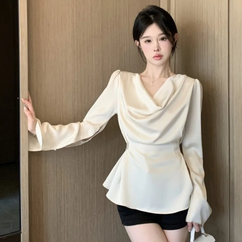 Apricot Long Sleeve Shirts Women Pile Collar Pure Color French Vintage Graceful All-match Tops Famous Lady Aesthetic Loose Ins