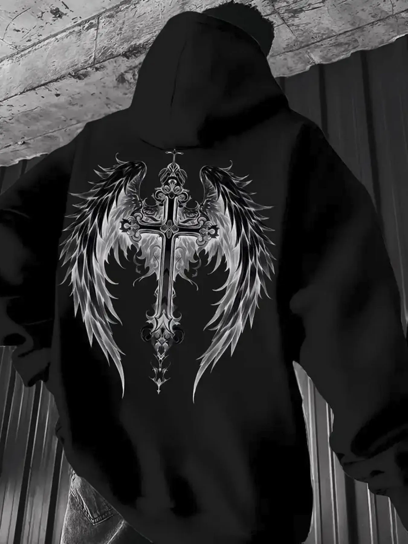 

Gothic Winged Cross Graphic Print Autumn and Winter Men's and Women's Hoodies Casual Loose Outdoor Street Sports Training Brand