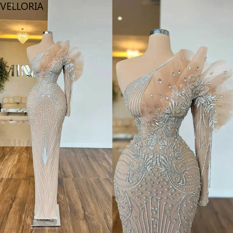 Elegant Beadeds Evening Dresses One Shoulder Floor Length Mermaid Prom Gowns Crystals Party Dress Vestdos De Fiesta Customized