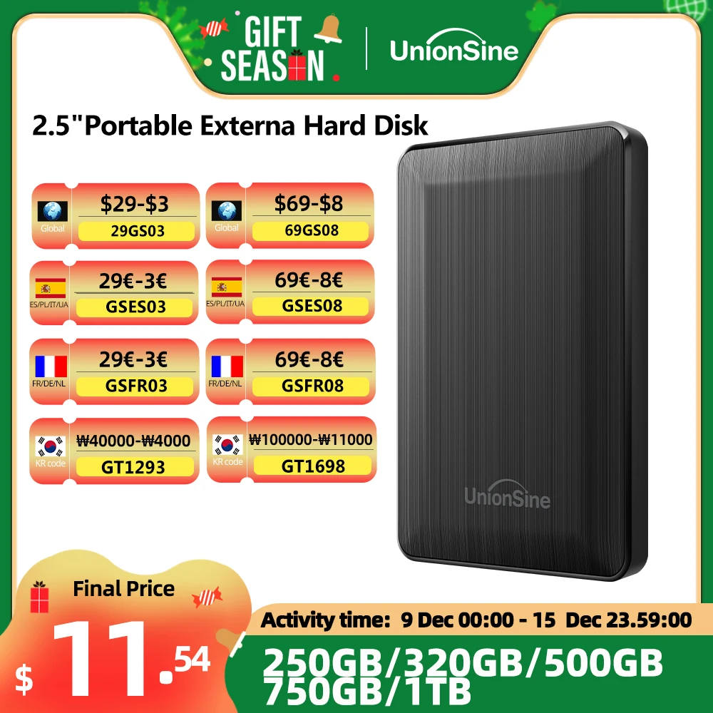 UnionSine HDD 2,5-дюймовый портативный внешний жесткий диск 250 ГБ/320 ГБ/500 ГБ/1 ТБ USB3.0 для хранения данных, совместимый с ПК, Mac, PS4,