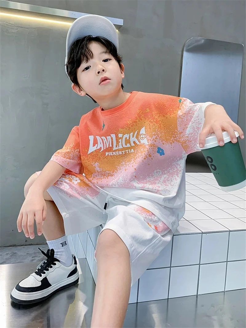 Summer Teen Clothes Sets Boys Gradient T-shirts+Shorts 2 Pcs Big Kids Casual Short Sleeve Suits Children Print Outfits Tracksuit