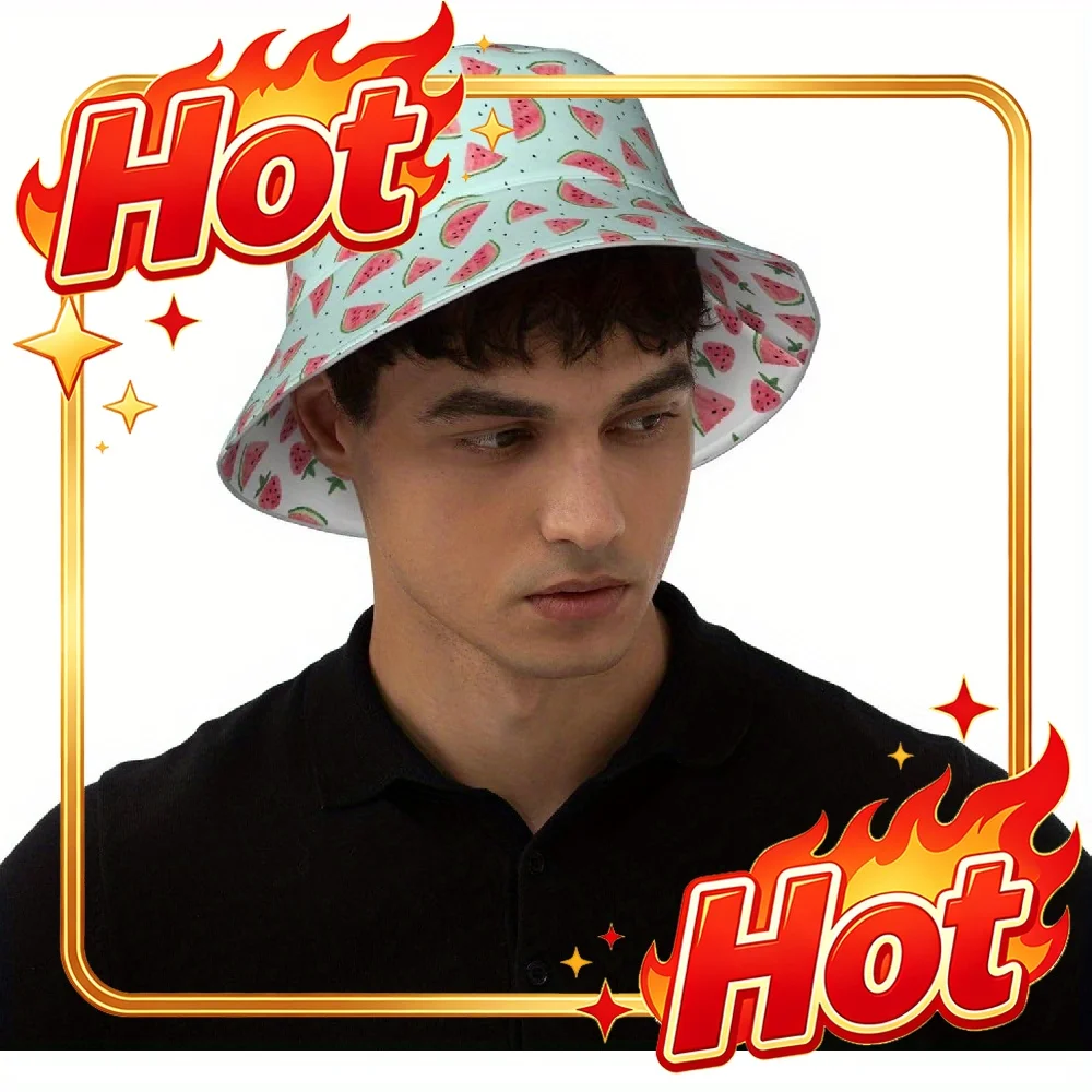 Custom Hat Lightweight, Double-Sided Bucket Hat with Vibrant Watermelon Pattern - Ideal for Beach, Travel, and Outdoor Adventure