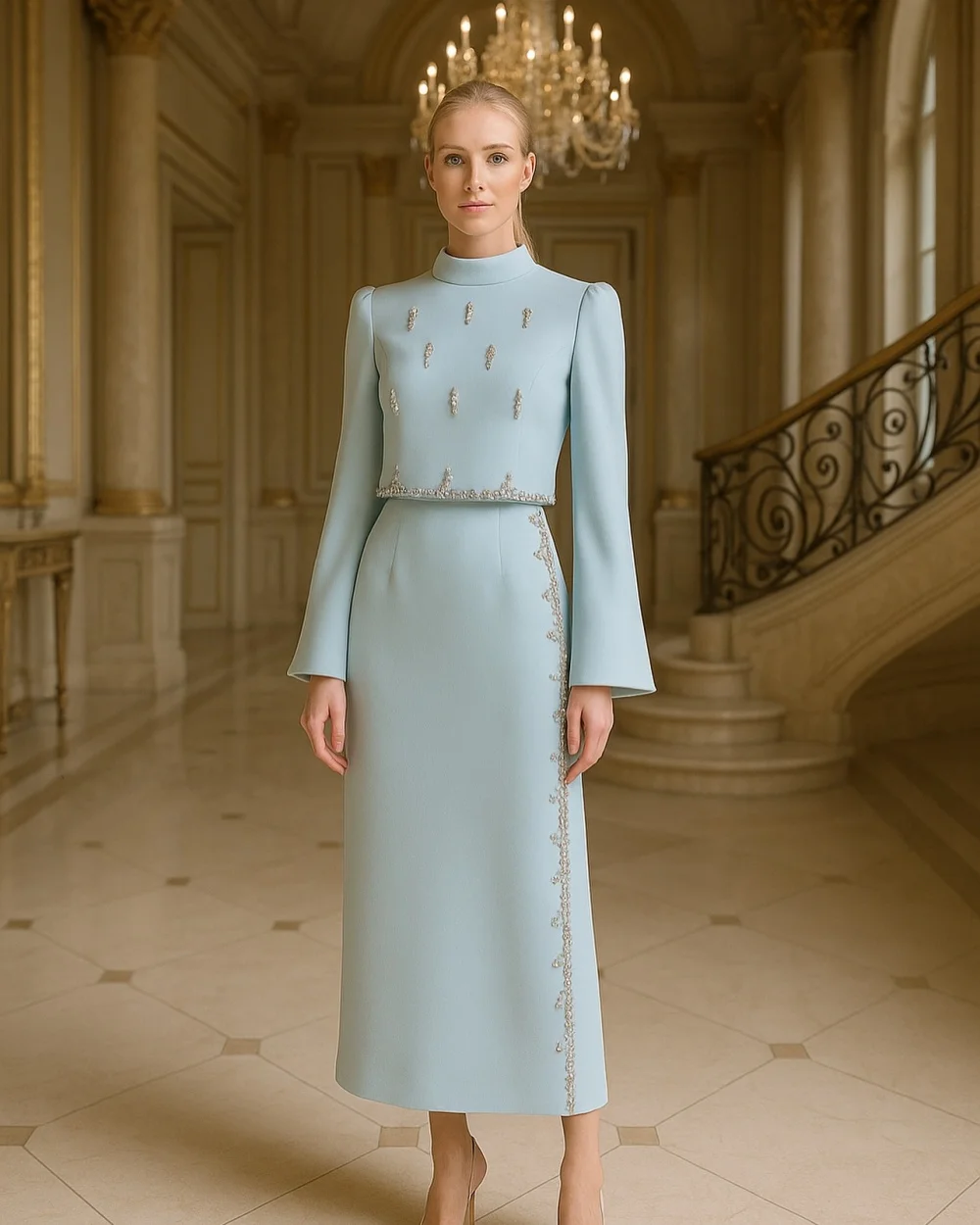 

Customized Jersey Sequined Sparkle High Collar Straight Midi Dresses Bespoke Occasion Woman Elegant Party Wedding Formal