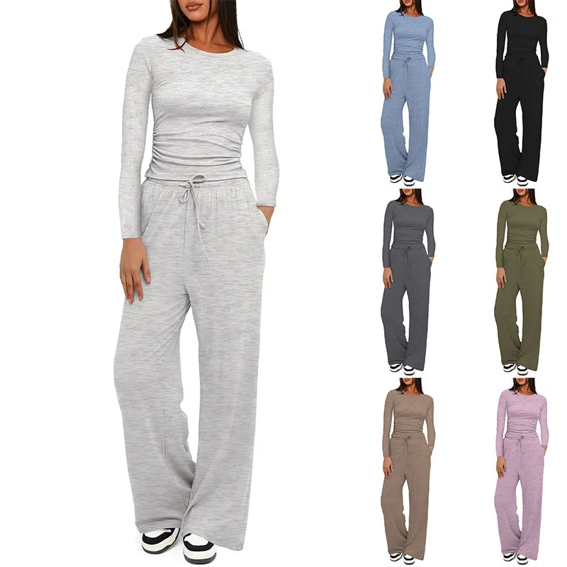 Y2K Two Piece Set Women Short Sleeve Pleated Top with High Waist Wide Leg Pants Casual Sporty Matching Ensemble Summer Outfit