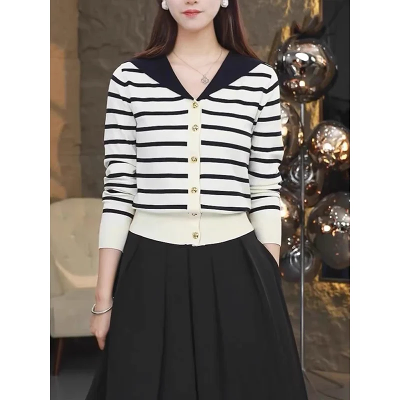 Office Lady Fashion Striped Knitted Cardigan Autumn Winter Knitted Casual Single Breasted Sweaters Women Chic V-neck Knitwear