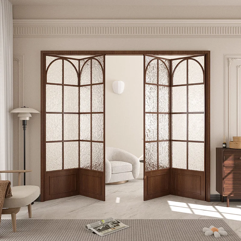 

French retro walnut balcony folding door living room bedroom bathroom glass partition titanium magnesium aluminum alloy sliding