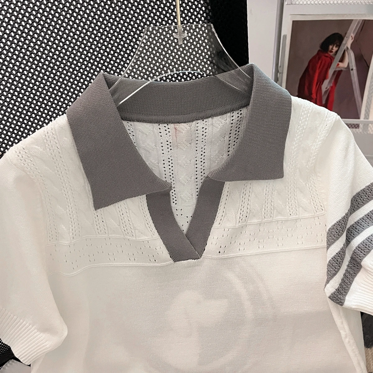 

ort Sve irt Knitted Thin Summer New Women's f Open Collar T-irt Gluechiffon Color Blo Commute Sle