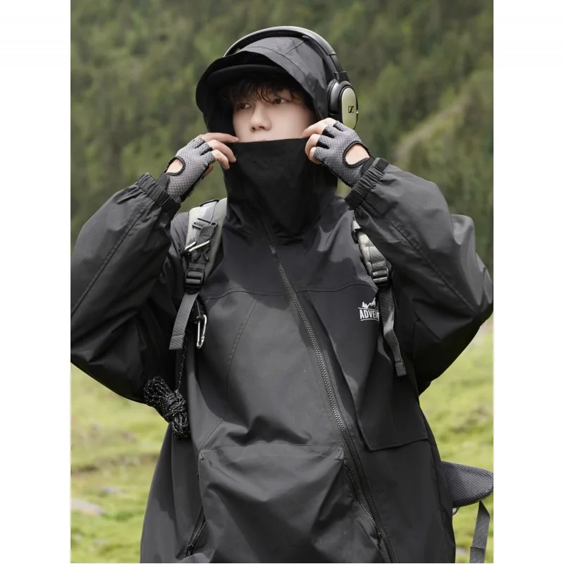 2026 New Men's Diagonal Zipper High Neck Hooded Sweatshirt Spring Autumn Korean Outdoor Hiking Windproof  Hoodie Jacket Men Coat