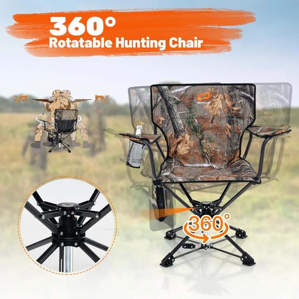 Swivel Camping Chair, Potable Hunting Chair for Adults w/Cup Holder & Carrying Bag, Folding 360-degree Free Rotation Lawn Chair