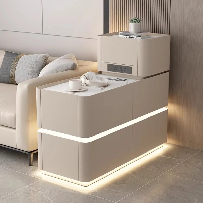 

Living Room Multifunctional Side Cabinet Small Coffee Table Side Open Drawer Storage locker Leather rock countertop with lights