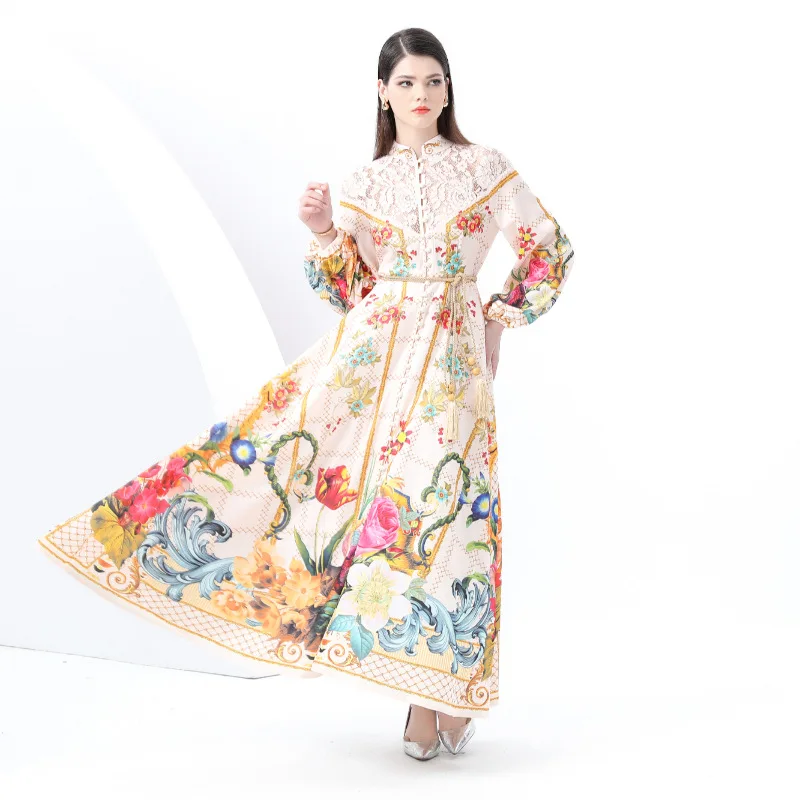 

2025 Early Spring New Women's Vacation Style Retro High-Neck Lace Panel Print Flared Maxi Dress A001