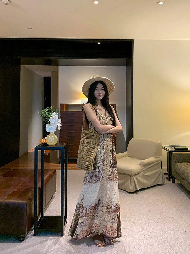 Vaion Sle Floral Print V-Ne Women's Dr Beach Skirt Long Svel Gown High Waist n Ethnic Summer Faion