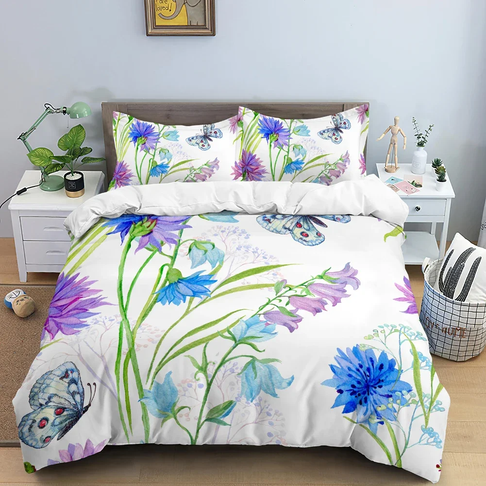 Butterfly 3D Flower Duvet Cover Set Quilt Cover With Zipper Queen Double Polyester Comforter Cover For Kid Girl Christmas Gift