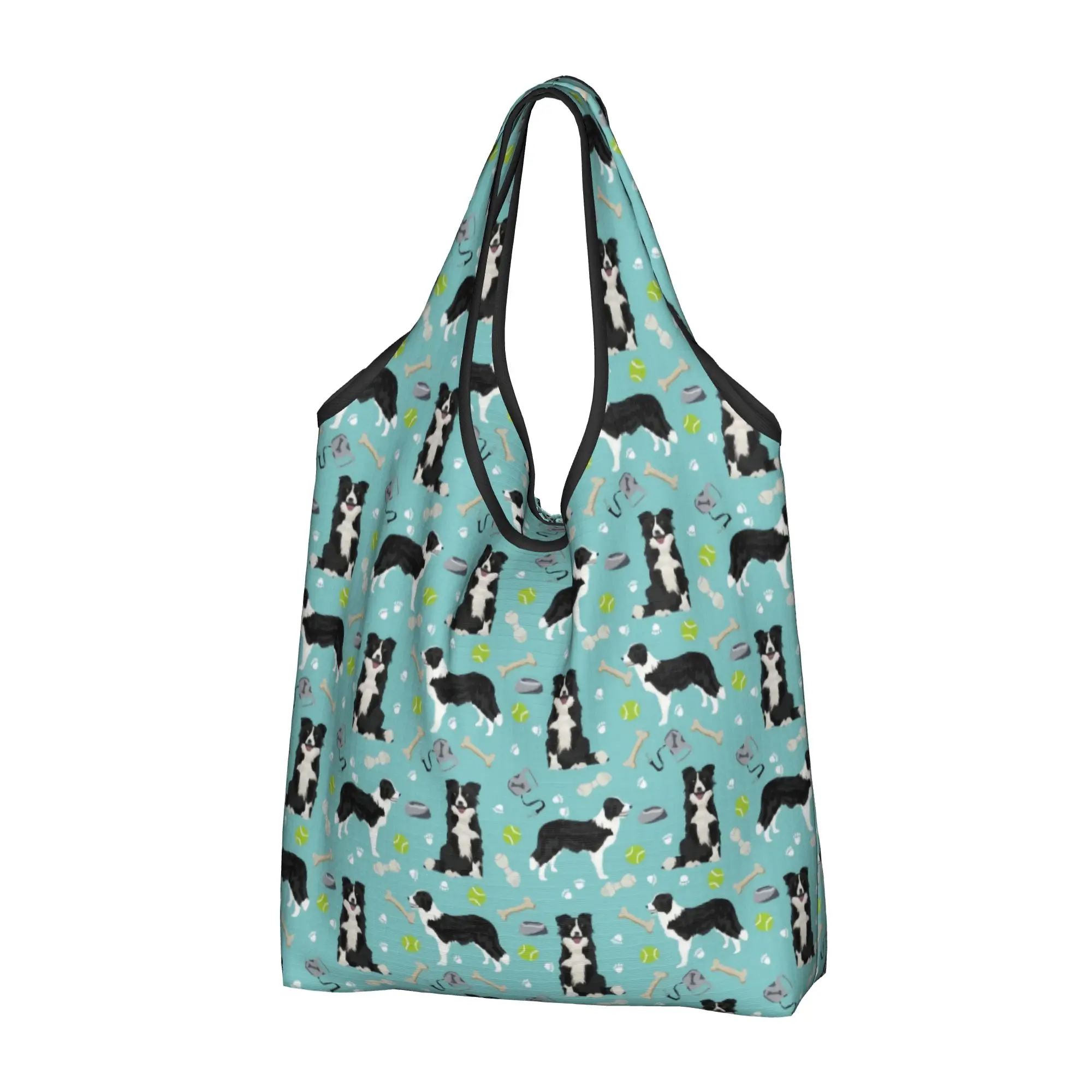 Custom Border Collie Tennis Ball Shopping Bags Women Portable Large Capacity Grocery Pet Dog Lover   Shopper Tote Bags