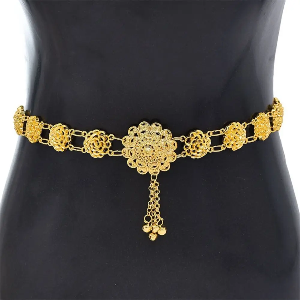 

Traditional Metal Ethnic Style Belt Silver Bell Flower Metal Waist Chain Tassel Wrist Jewelry Gold Belt Party Decoration