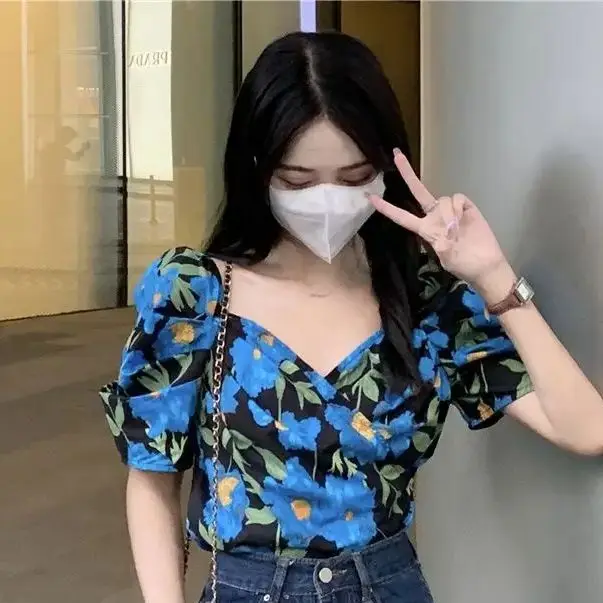 French Blue Floral Bubble Sleeve Square Collar Blouse Women Summer Slim  Aesthetic Temperament All-Match Graceful Casual Hot