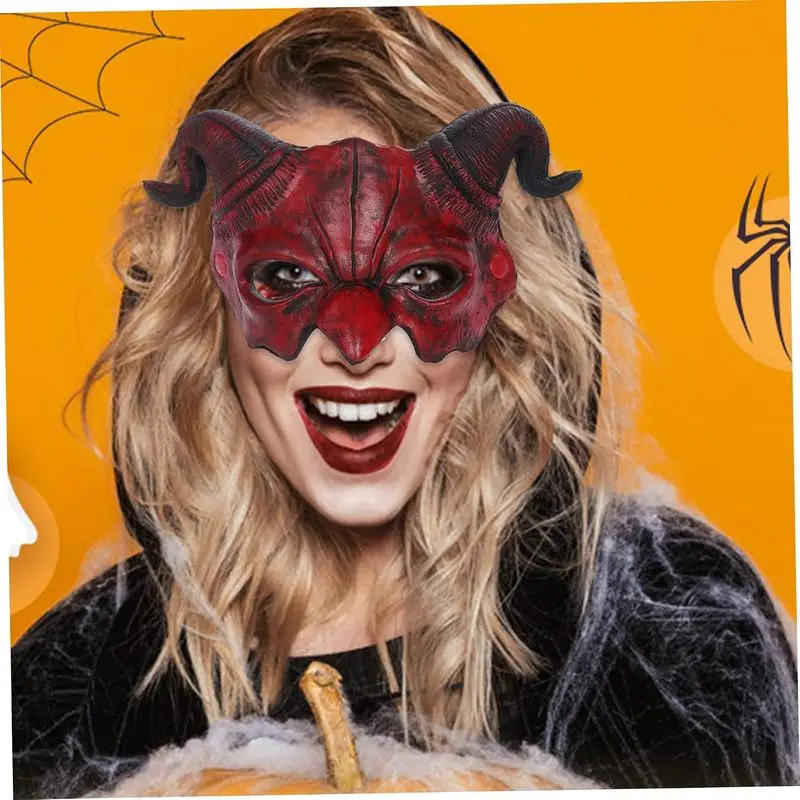 Halloween Devil Demon Half‑Face Mask, Creepy Monster Mask With Red Goat Sheep Horn, Scary Ghost Mask for Cosplay Masquerade Cost