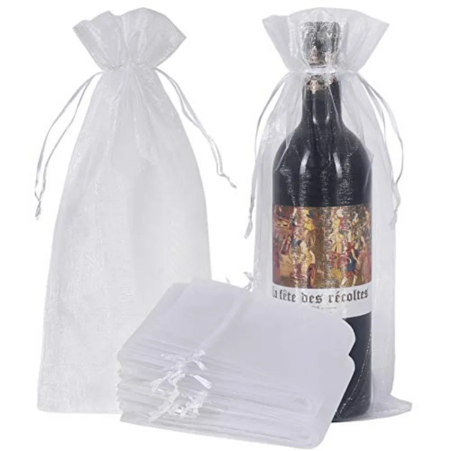 

30pcs Organza Wine Bags, Sheer Mesh Wine Gift Pouches Bottle Covers Dresses Drawstring for Christmas