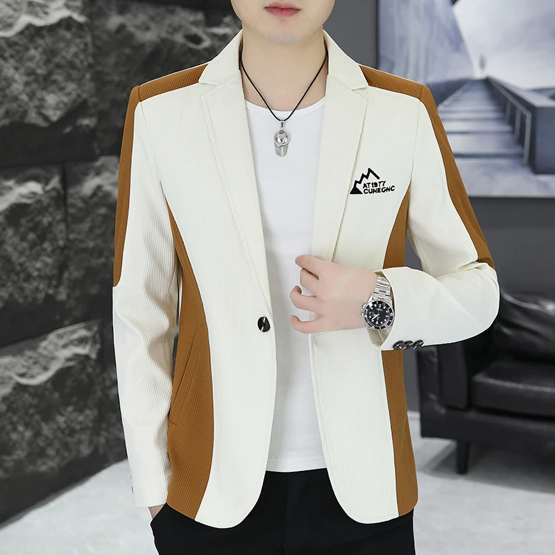 

Korean Fashion Patchwork Suit Jacket for Men Autumn Slim Fit Casual Blazers Single Button Business Social Banquets Coat Tops