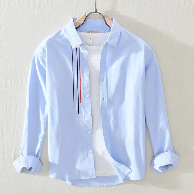 Men Clothing 2022 Japanese Trend Fresh White Long-sleeved Shirt Men\'s Casual Youth Color Matching Literary Loose Cotton Shirt