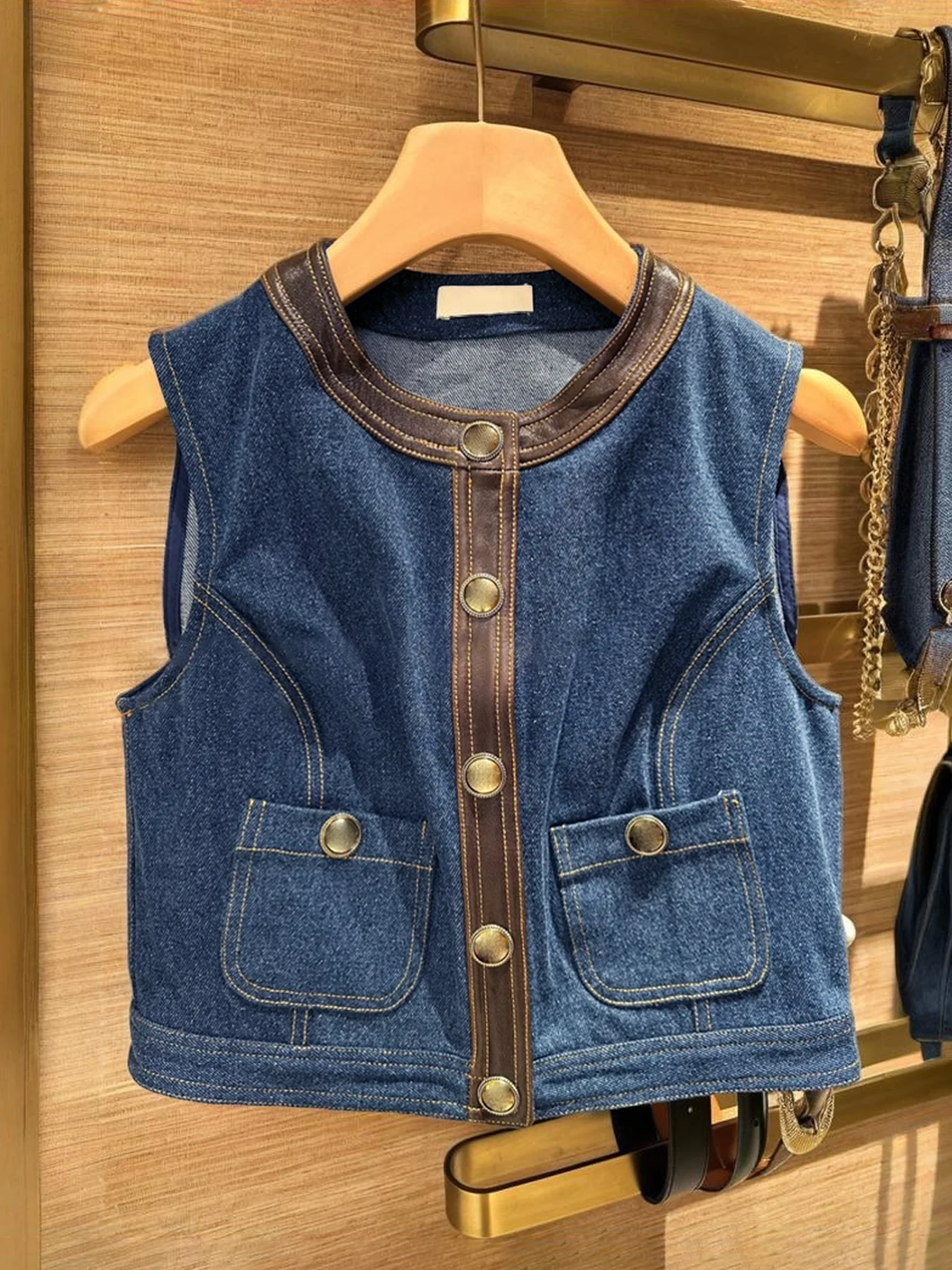 

Женский кожаный жилет S Home Southern Oil класса люкс, летняя джинсовая куртка, модная повседневная одежда, короткий рукав