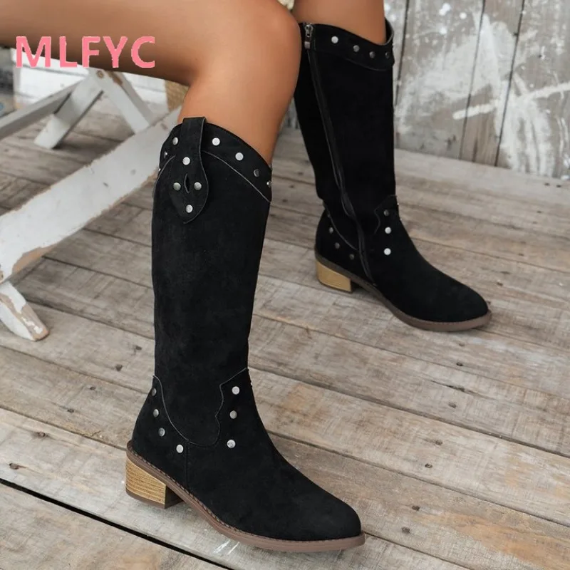 Large size autumn and winter side zipper women's boots with rivets mid heel high tube long tube boots