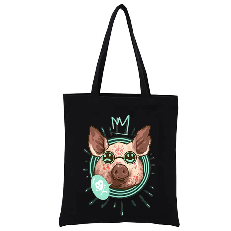 

King of Pig Graphic Printing Totebag Funny Shopping Bag Harajuku Bags Woven Tote Fashion Women's Handbag Female Handbags Shopper