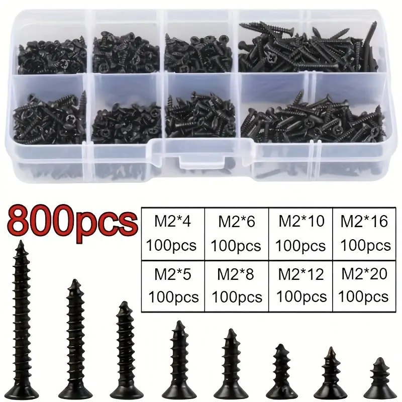M2 Black Flat Head Cross Carbon Steel Self-Tapping Screw High Strength Rust Proof for Home Improvement DIY Electronics Furniture
