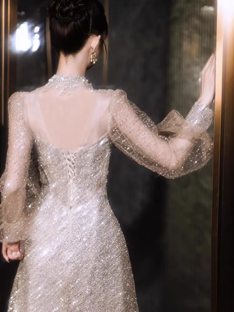 Ele Long Evening Gown Ne Hanging Fi Tail Sequin Host High End Luxury Faion New 2024 Neline Gown Wedding Dr