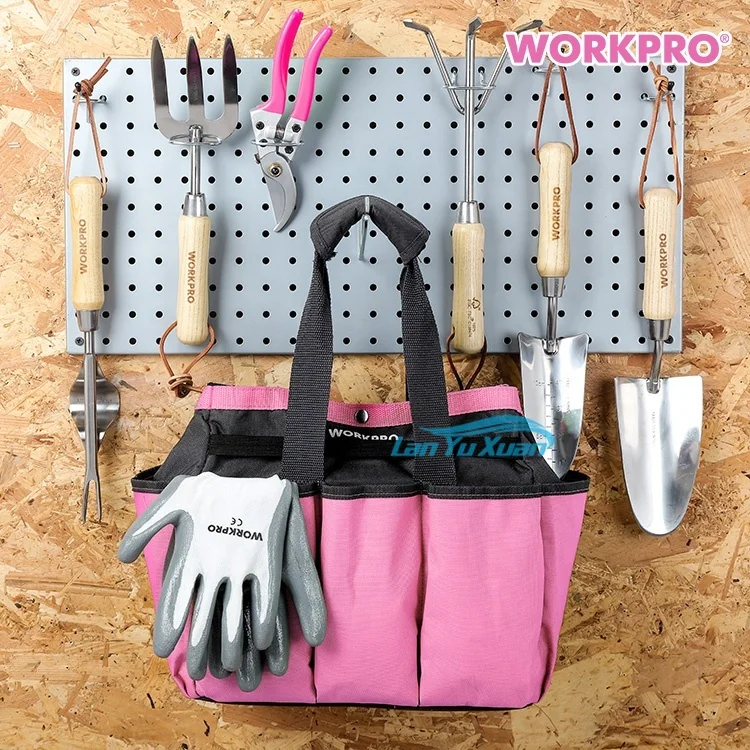 WORKPRO 7pcs Pink Gardening Hand Tools with Wooden Handle Weeder Fork Rake Trowel Transplanter Pruner Digging  Garden  Set