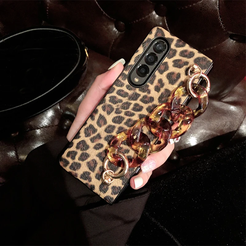 Luxury Leopard Print PU Leather Phone Case For Samsung Galaxy ZFold 7 ZFold6 ZFold 5 4 3 Cover with Wrist Strap for Woman Girl