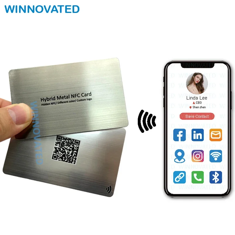 Tarjeta de visita NFC totalmente metálica híbrida RFID mate en blanco oculta