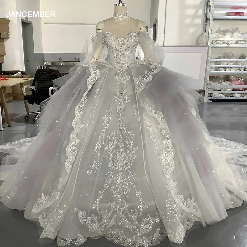 Sparkly Princess Wedding Dress Beaded Long Sequined Short Sleeves Sweetheart Neck Gorgeous Bridal Gowns Tulle Vestido De Novia