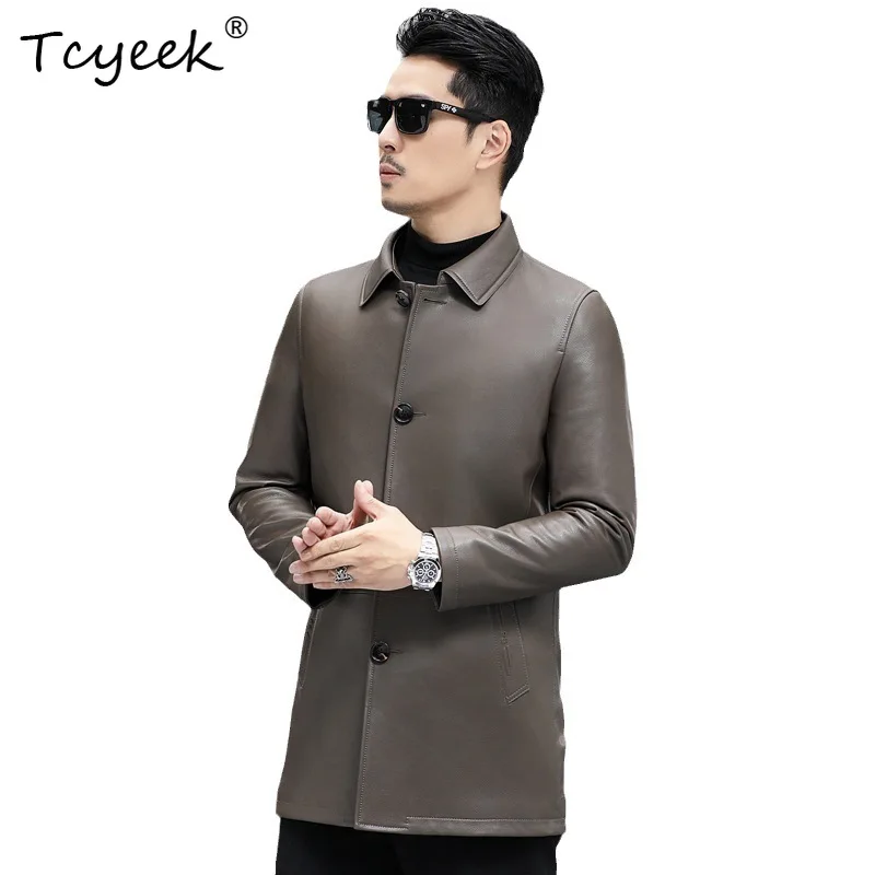 

Tcyeek Top Layer Sheepskin Spring Autumn Trendy Lapel Medium Length Solid Color Men Genuine Leather Jacket Jaquetas Masculino