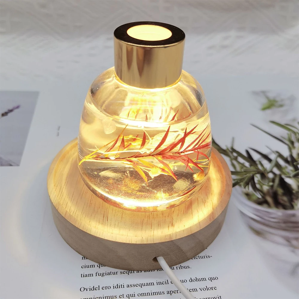 New LED Colorful Wood Lamp Base USB Rechargeable Crystal Glass Resin Art Ornament Wood Night Lamp Base Holder DIY Home Decor