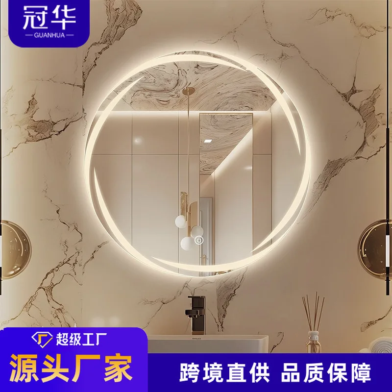 Smart bathroom mirror, round touch screen defogging mirror, bathroom with lamp makeup mirror, wall-mounted sink, vanity mirror