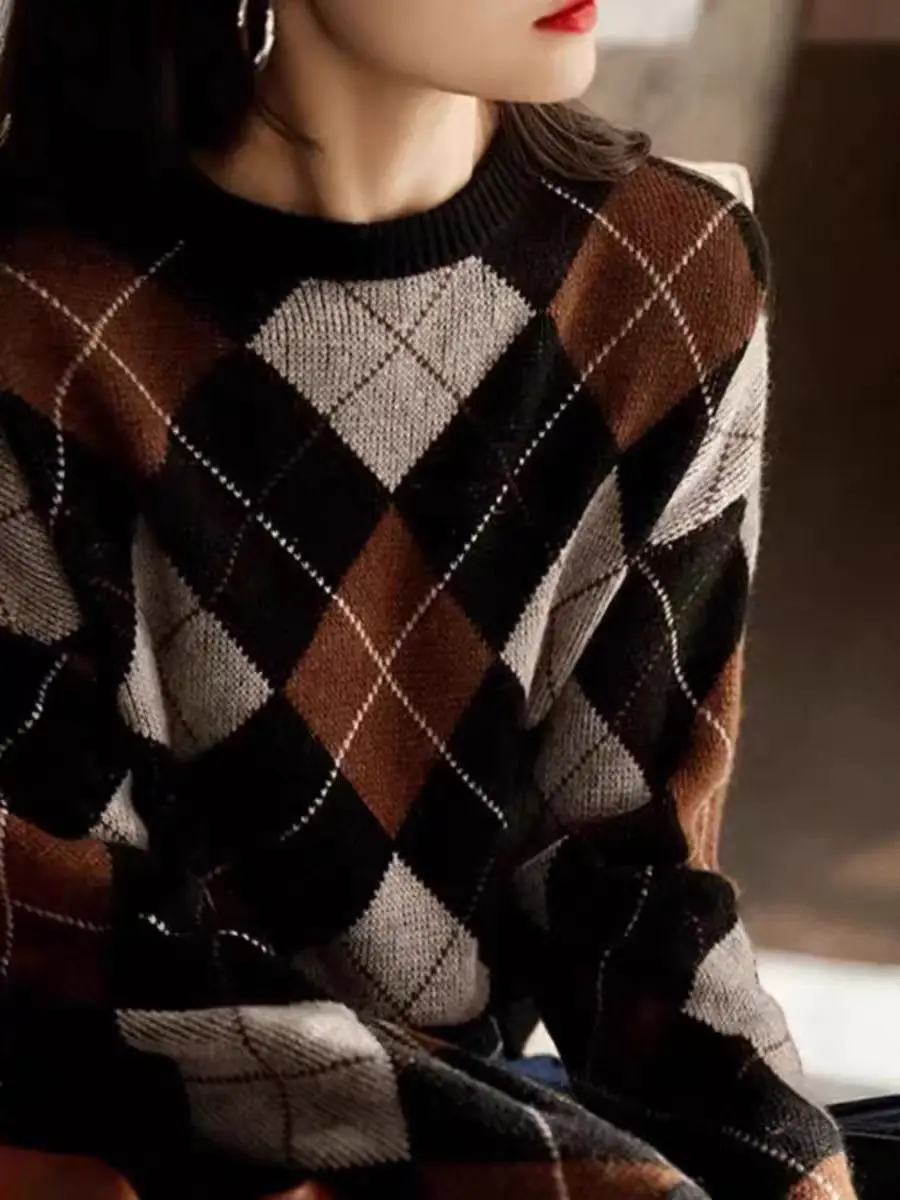 Otoño Invierno cuello redondo enrejado prismático Vintage suéter señoras suelto Casual todo-fósforo pulóver jerseys mujeres Top de fondo