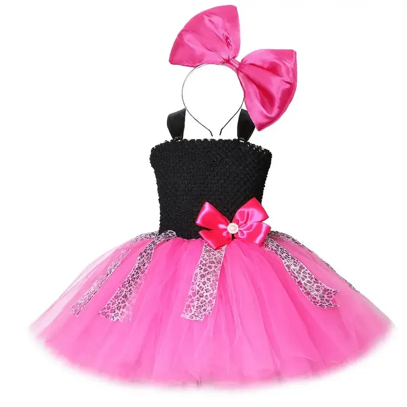

Lol Dress Girl with Bow Headband Flower Princess Girl Party Dresses for Kids Birthday Cosplay Costume Leopard Children Clothing