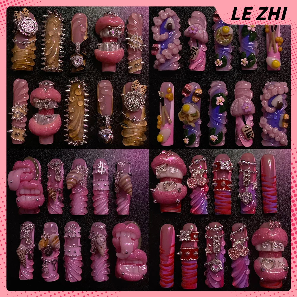 

10Pcs Handmade Spice Girl Long Square 3D Mouth Diamond Press On Nails Golden Steel Ball Conch Rivets Reusable Full Cover Nail