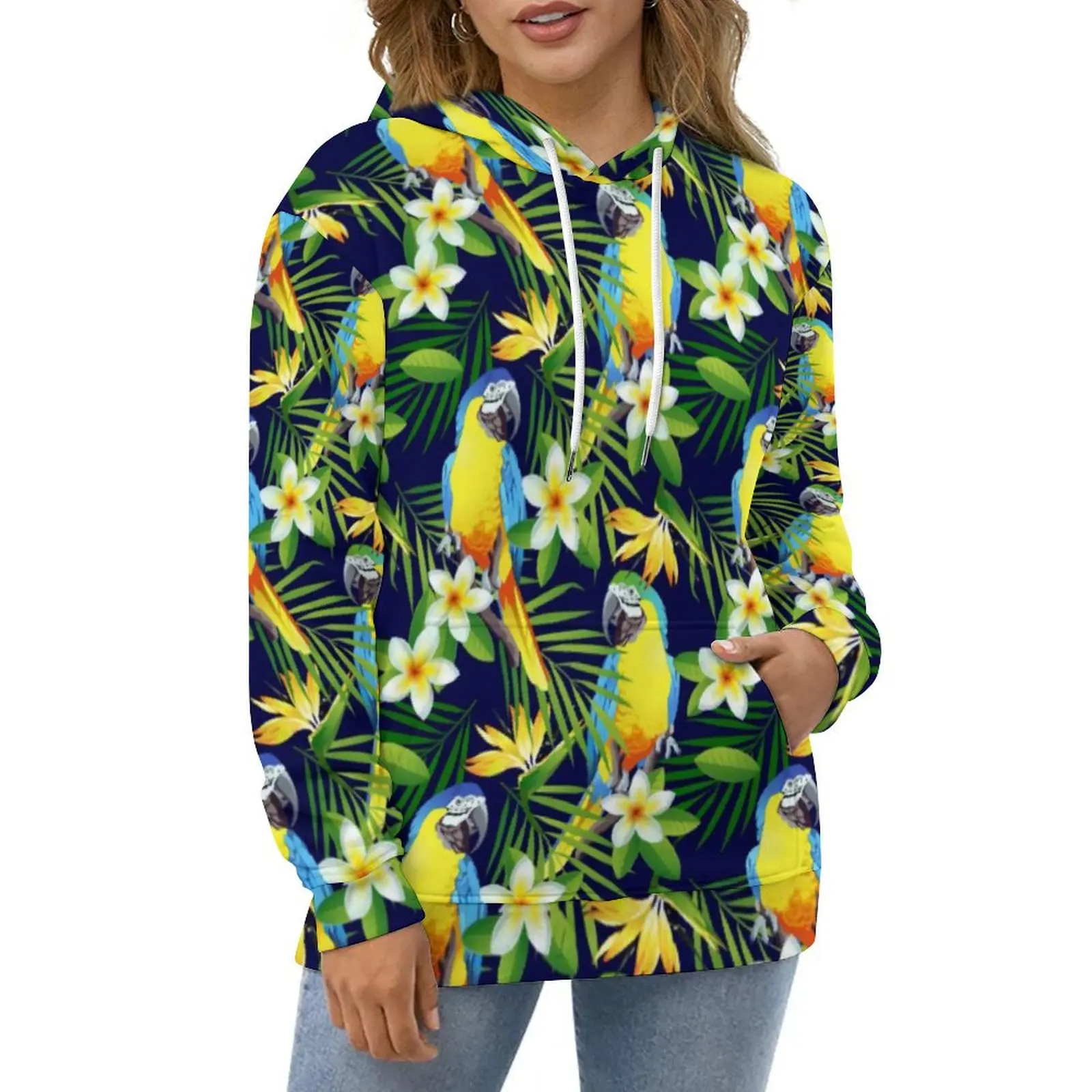 

Parrots And Hibiscus Hoodies Long Sleeve Tropical Birds Print Cool Casual Hoodie Spring Harajuku Oversized Loose Sweatshirts