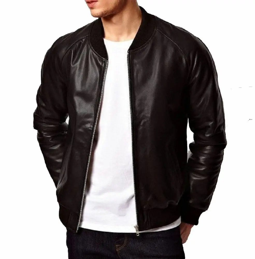 

Men Leather Jacket Black Lambskin Genuine Bomber Biker Leather Coat