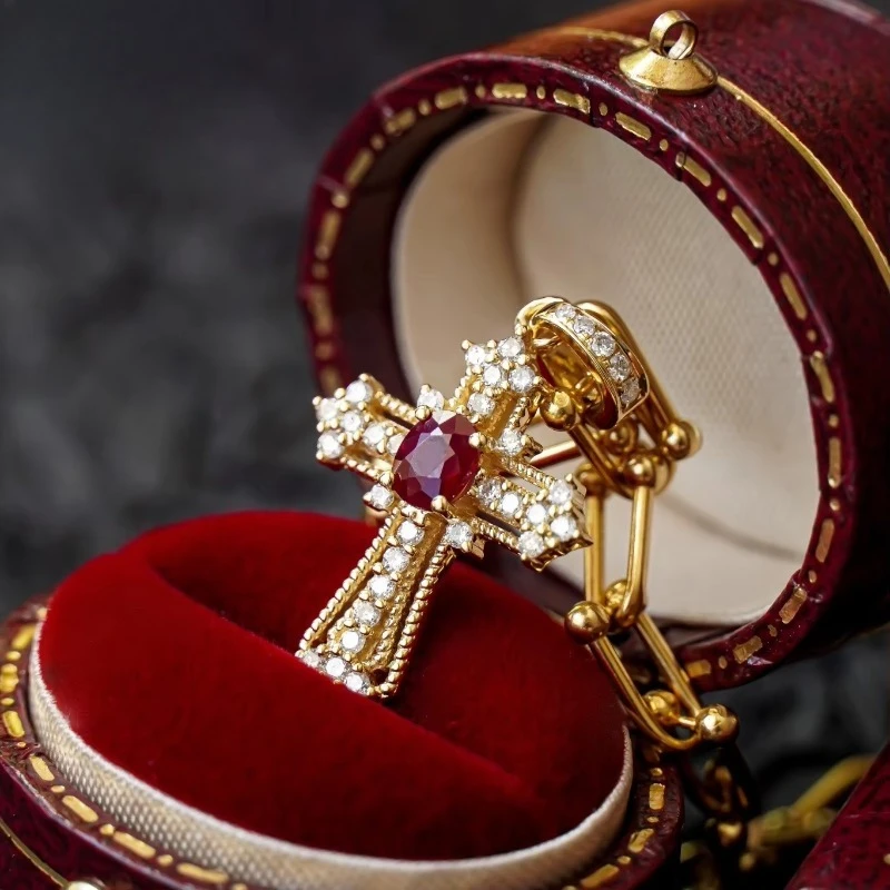 

18k 14k Solid Gold Necklaces Pigeon Blood Red Ruby Natural Diamond Cross Necklace for Women