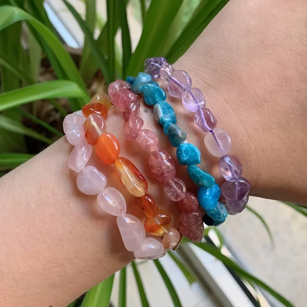 Reik Healing Natural Crystal Stone Bracelet for Women Lover Irregular Rock Gravel Fluorite Citrines Pink Quartz Stone Bracelets