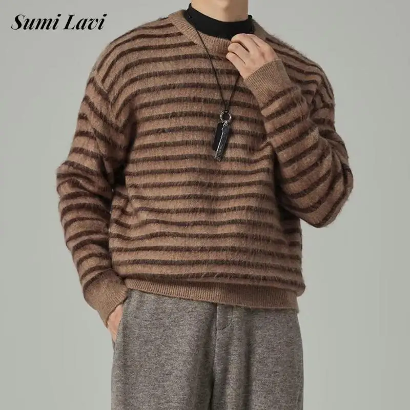 

Уличная одежда, модные мужские флисовые свитера, винтажные полосатые вязаные крючком джемперы с длинными рукавами, мужская одежда, вязаный пуловер с круглым вырезом, топы