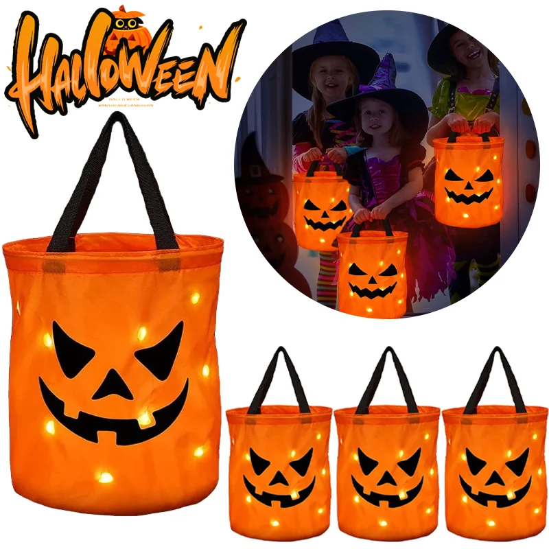 Süßes oder aufbehandeltes Requisiten, leuchtende LED-Hand-Süßigkeitentüte, leuchtende Kürbis-Süßigkeitentüte für Kinder, Halloween-Nachtbedarf, Party-Dekoration