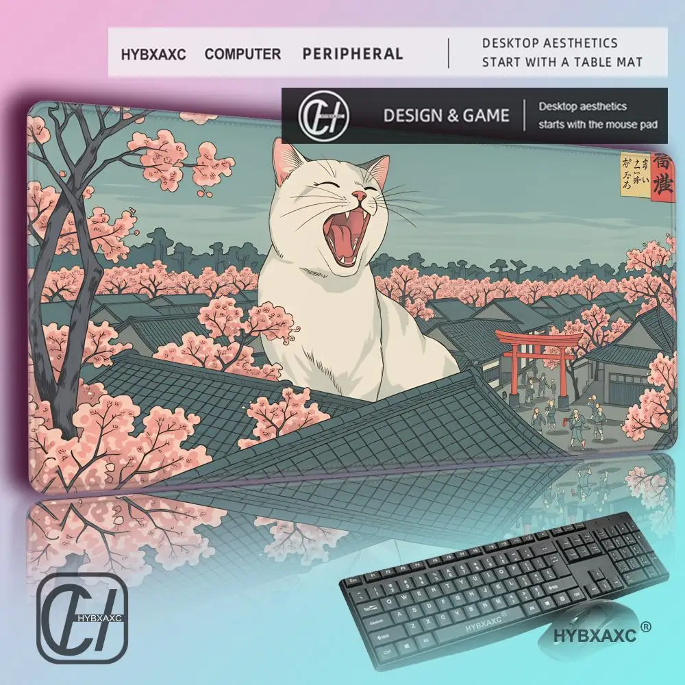 

HYBXAXC Giant White Cat Desk Mat Japanese Ukiyoe Style, Gaming Mousepad with Funny Kaiju Feline, Cherry Blossom Sakura Art Decor