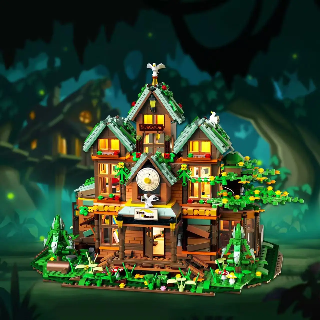 MOC – forêt féerique, arbre en bois, maison du temps, modèle de bloc de construction, Kit de chambre, vue sur la rue, cabane, idée, jouet Puzzle, bricolage, cadeau d'anniversaire pour enfants