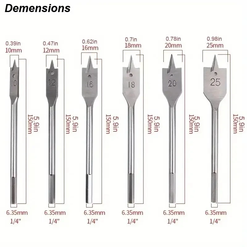 6 unids/set 10mm-25mm juego de taladro plano de carpintería de tres puntas abridor de agujeros con mango Hexagonal para entusiastas del bricolaje y carpinteros