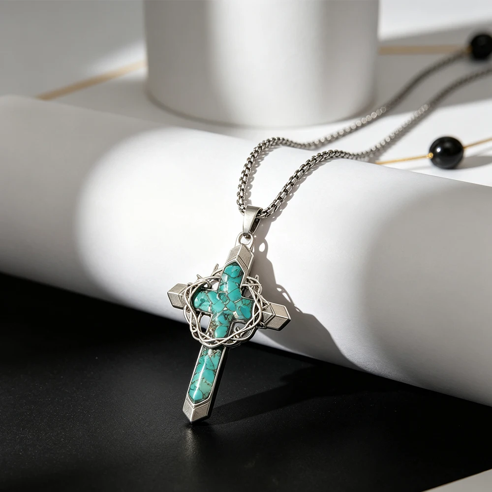 Vintage Thorn-Encrusted Cross Pendant, Artificial Turquoise Inlaid Aged Alloy Necklace, Gothic Style Accessories for Men and Women